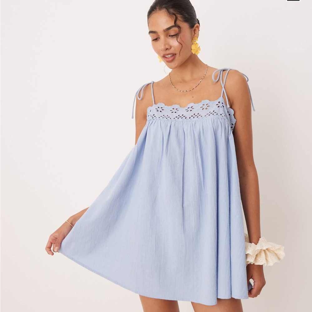ASOS DESIGN Fern Beach Mini Dress with Broderie trim in ice blue